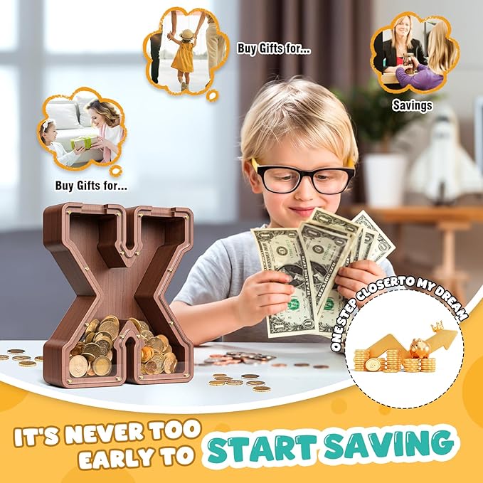 Summidate Wooden Letter Piggy Bank, Extra Thick Large Capacity Piggy Bank for Kids Boys Girls Toddler, Alphabet X Money Bank| Coin Box Birthday, Christmas, Festival