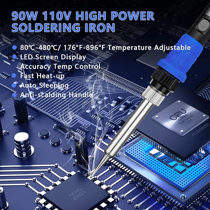 Soldering Iron Kit, 90W LED Digital Solder Iron Kit with Ceramic Heater, 110V Welding Tools with Smart Temperature Control, Auto Sleep, Temp Calibration, C/F, Accurate 176℉-896℉