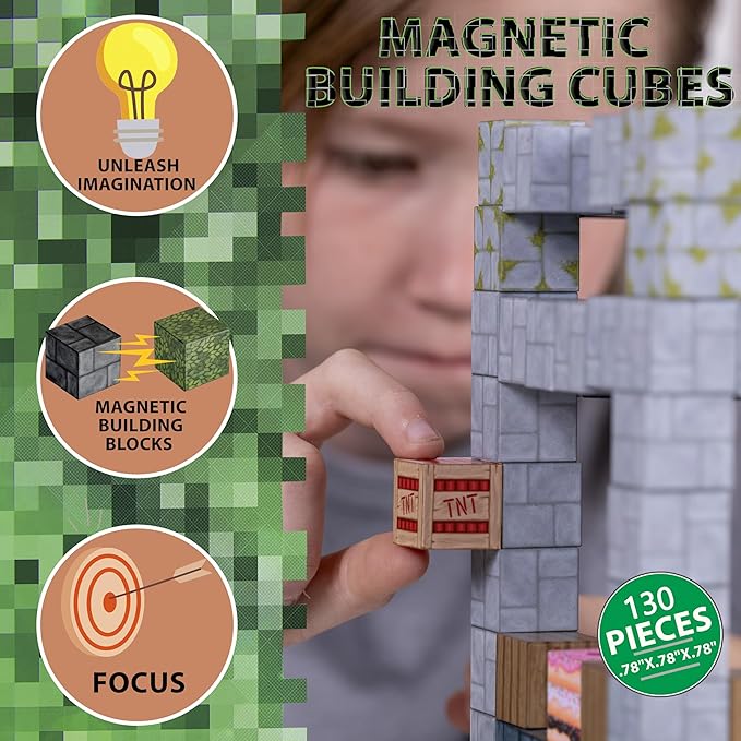 130PCS Magnetic Building Blocks - Magnet Cubes for Kids Ages 6-8-10-12 - Toy Block Magnetics Set Gifts for Boys & Girls - STEM Learning Imagination Sensory Toys - Storage Bag Included