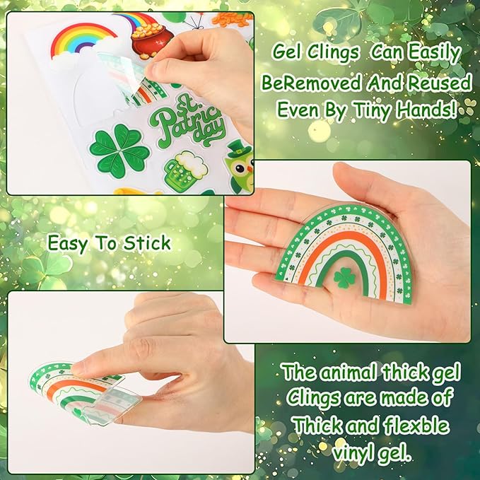 MARFOREVER 50 PCS St. Patrick's Day Gel Window Clings Stickers Reusable Green Shamrock Thick Gel Clings Decals for Spring Irish St Patrick's Day Kids Toddlers Classroom Party Window Glass Decoration