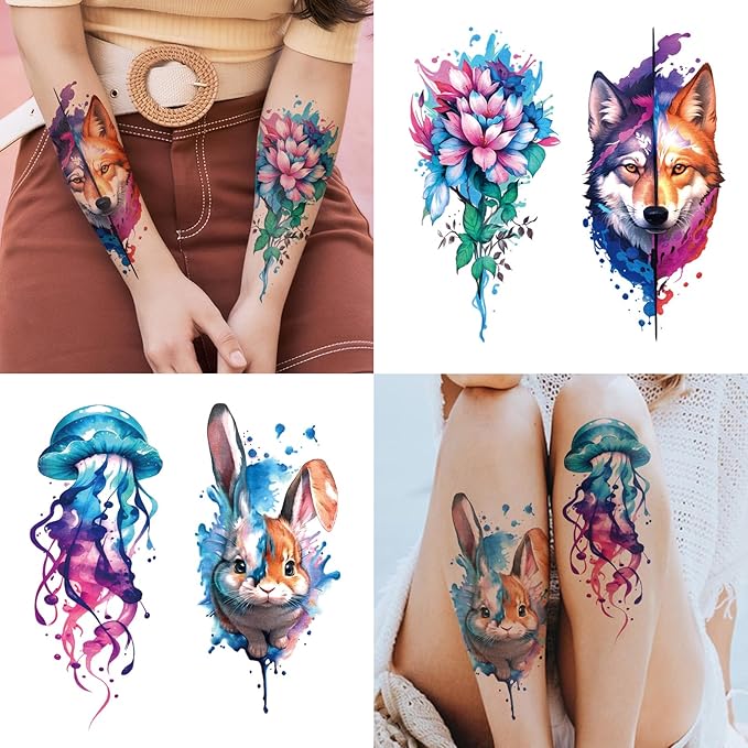 77 Sheets Flower Lion Tiger Temporary Tattoo for Women Men, 17 Sheets Half Arm Large Cat Owl Parrot Fake Tattoos, 60 Sheets Snake Wolf Feather Tiny for Adult Kids Body Tattoos Stickers Realistic