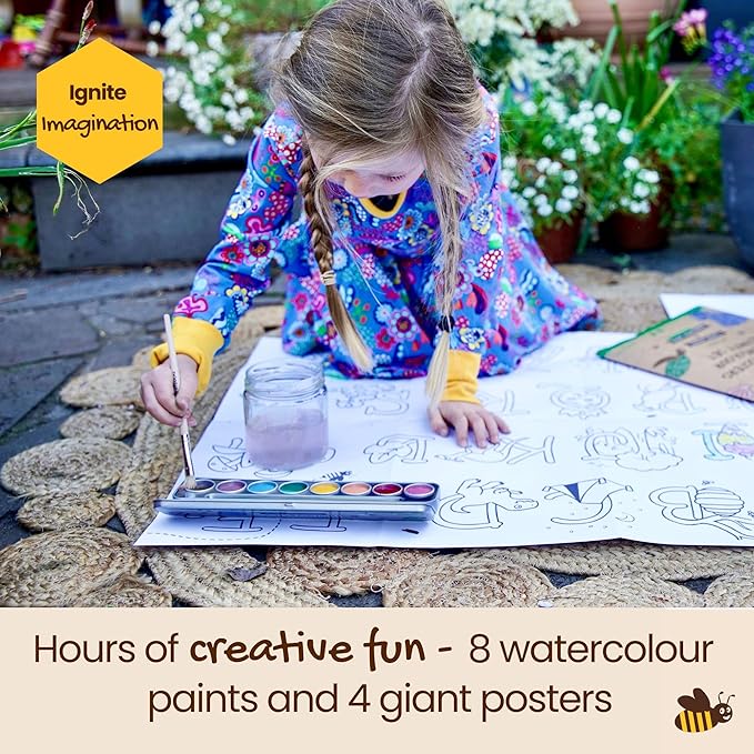 Honeysticks Kids Activity Set - 4 Giant Painting Posters Plus Non-Toxic Watercolor Paint Set with 8 Vibrant Colors and Paintbrush, Educational Painting Kits for Kids, Gifts for Ages 3-5