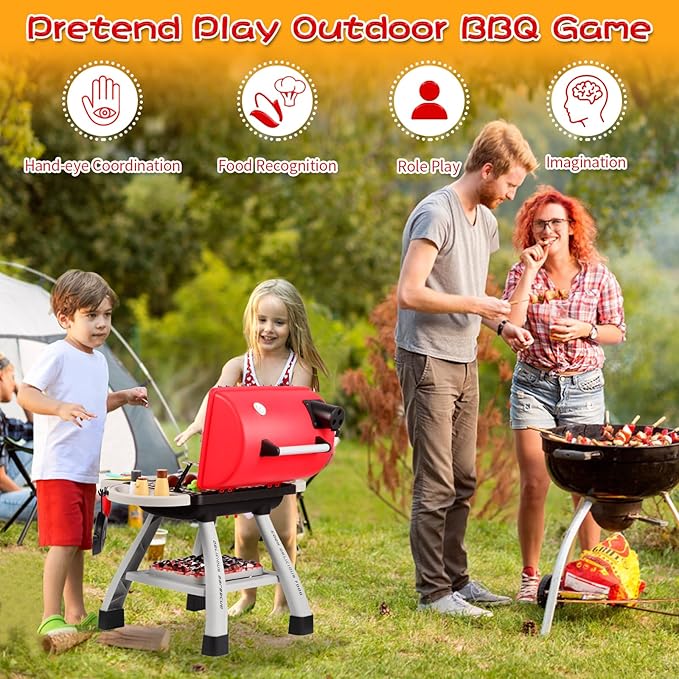 Kids BBQ Grill Playset with Simulated Smoke & Sound & Light, Play Kitchen Set W/ 41PCS Toy Food, Indoor & Outdoor Interactive Kitchen Pretend Play Toys, Cooking Toy Kit for Toddler Boy Girl 3 4 5+