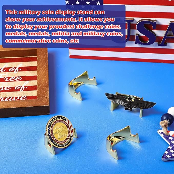 4 Pcs 1.69 Inch Metal Challenge Coin Display Stand Military Coin Holder Medallion Token Holder for Veterans Collectors Fits 2 Inches and up Coins Medals Pocket Watches(Gold)