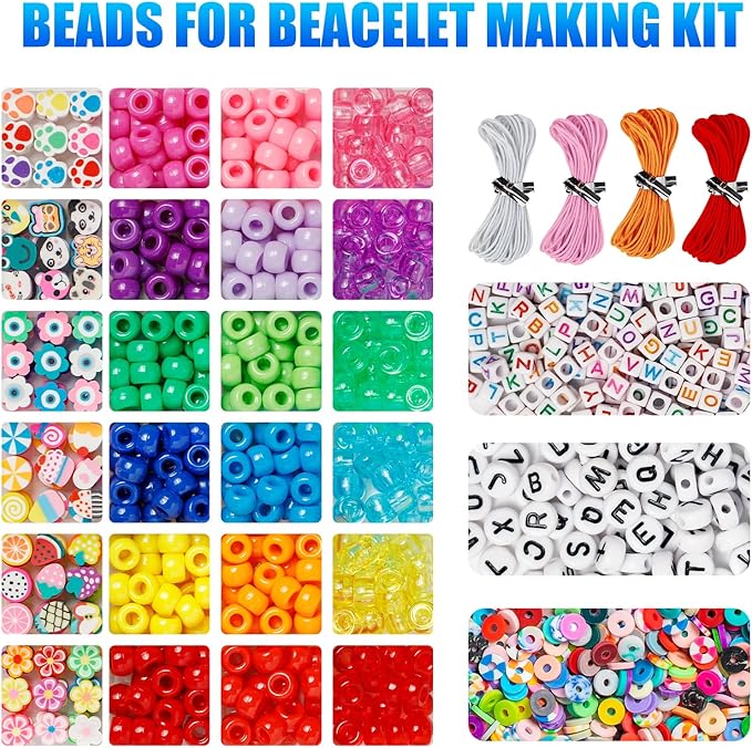 Ybxjges Bracelet Making Kit, 1000 Pcs Beads for Friendship Bracelet Kit with Pony, Polymer Clay, Letter Beads for Jewelry Making DIY Crafts Girts for Girls Age 6-12