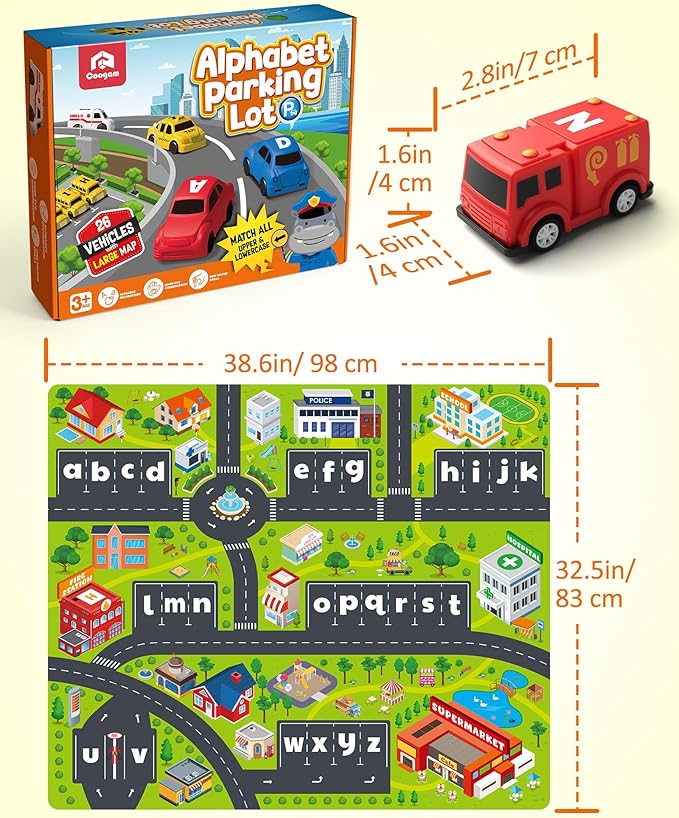 Coogam Alphabet Maze, 26pcs Pull Back Car with Play Mat Preschool Letter Matching Game for 3 4 5 Years Old, Montessori Educational Fine Motor Gift Toy for Toddler Kids