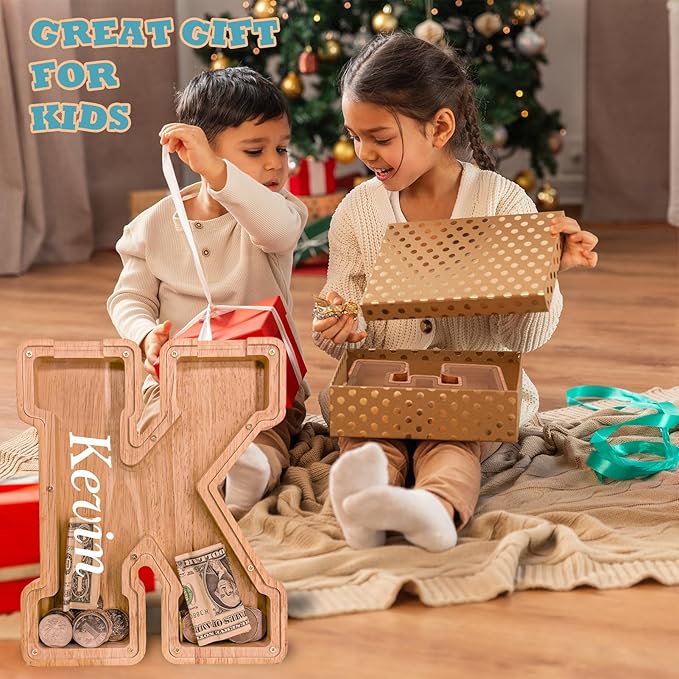 Wooden Letter Piggy Bank for Kids Larger Letter Piggy Bank for Boys and Girls Personalized Piggy Bank Initial Coin Bank Wood Kids Money Bank for Birthday and Festival
