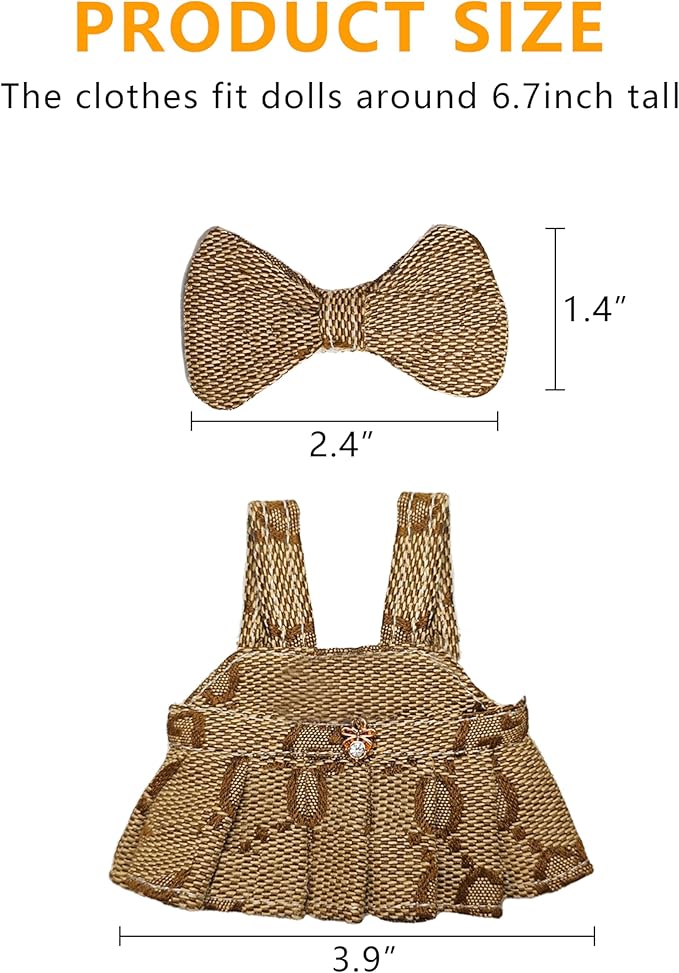 17cm Doll Clothes - Princess Dress with Velvet Hair Bow, Party Outfits for Plush/Blind Box, Luxury Chic Style Set, High-End Fashion Accessories (Brown Dress)