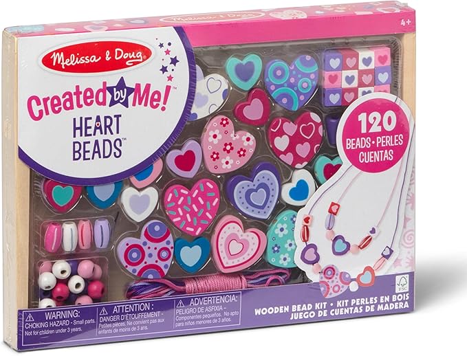 Melissa & Doug Created by Me! Heart Beads Wooden Bead Kit, 120+ Beads and 5 Cords for Jewelry-Making