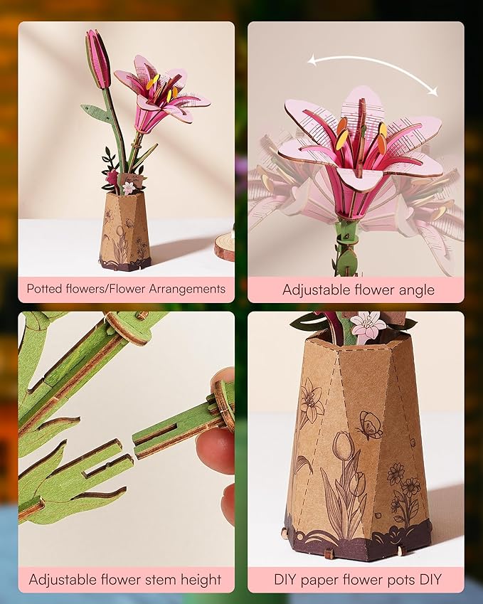 3D Flower Wooden Puzzles for Adults-Pink Lily, DIY Wooden Flowers Model Kit Building Set Crafts for Adults to Build, Botanical Collection/Ideal Creative Gift Ideas/Housewarming (73PCS)