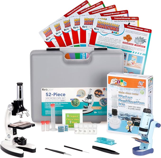 AMSCOPE-Kids 120X-1200X White Metal Arm Starter Kids Student Microscope Kit with Water Purification Activity Kit and Experiment Cards - M30-ABS-KT2-W-KVB1