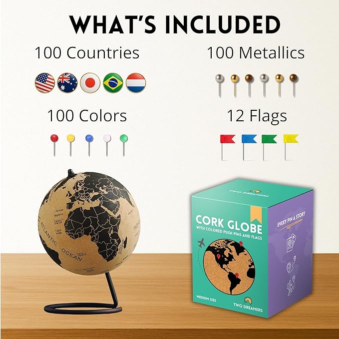 Medium Cork Globe 9.4" Tall | World Travel Map with Metallic, Colored & National Flags Push Pins | 3D World Map Pin Board for Home or Office | Unique Gift for Travelers, Couples & Families | Push Pin Map