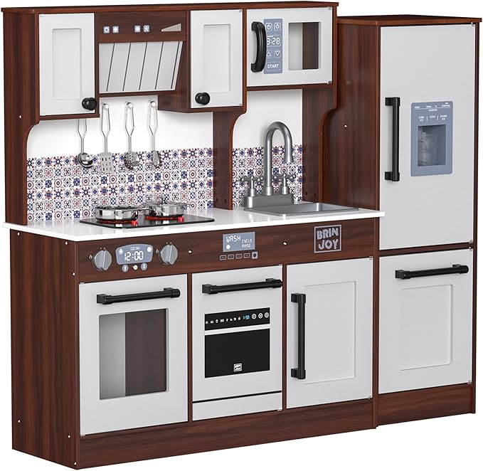 2-Piece Kids Kitchen Playset, Wooden Play Kitchen Set for Toddlers, Modular Pretend Play Kitchen w/Light&Sound Stove Oven, Large Kitchen Cooking Toy w/Refrigerator, Gift for Girls Boys