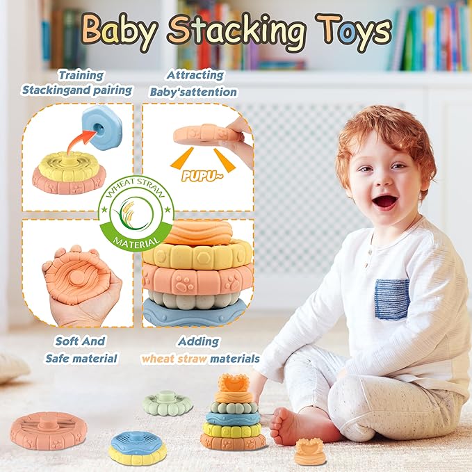 Baby Toys 0-6-12 Months,Montessori Toys for babise 0-6-12-18 Months,Incl Pull String Toy & Shape Sorter & Stacking Building Block & Manhattan ball & Baby Blocks，montessori baby toys for 1 + year
