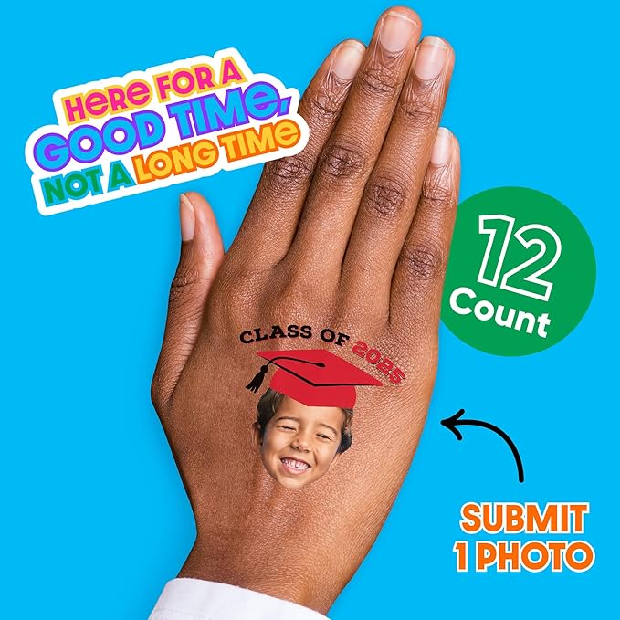 Big Dot of Happiness Custom Photo Red Grad Cap, Personalized Graduation Party Favors, Fun Face Temporary Tattoos, Set of 12