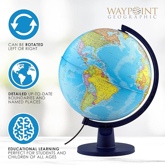 Waypoint Geographic Scout Illuminated Decorative Classroom Globe with Stand, Interactive World Globe with Political Mapping, Blue