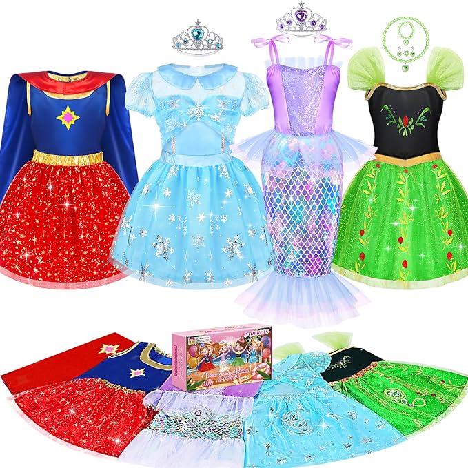 Princess Dress Up Clothes for Little Girls, 16 PCS Princess Toddler Dress Up Costumes, Kids' Dress Up Pretend Play Toys Gifts for Toddlers, Mermaid Dress Up Set with Accessories for Girls 3 4 5 6