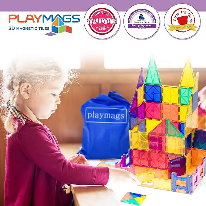 Playmags 28 Piece Magnetic Tiles Dome Set - Now with Stronger Magnets, STEM Toys for Kids, Sturdy, Super Durable with Vivid Clear Color Tiles