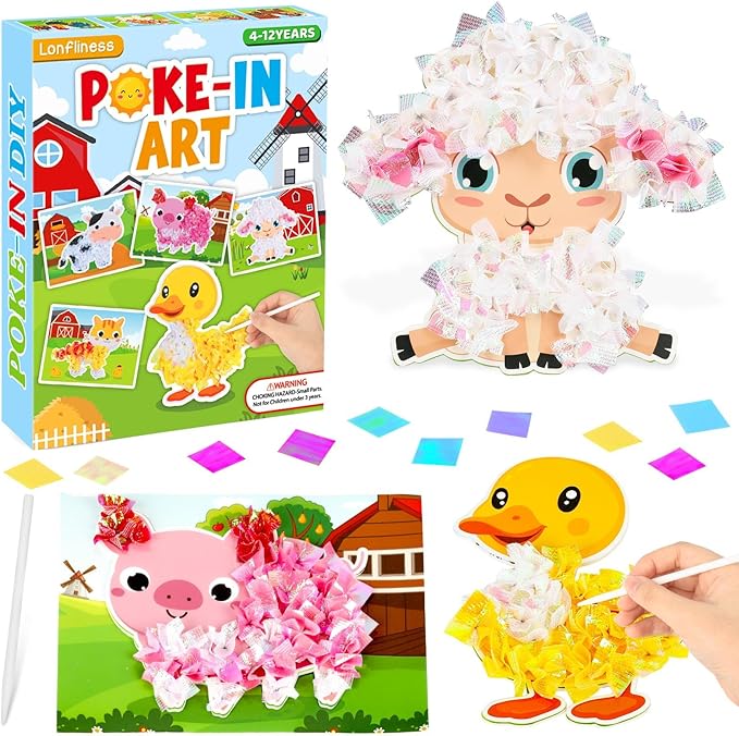 Lonfliness 8PCS Poke-in Craft and Art Kit for Kids Farm Animal Theme No-Mess Fabric Sewing Art Girl Boy 4-12 Puzzle Puncture Painting Farmhouse Sheep Toy Gift for Creative Activity Game Birthday Party