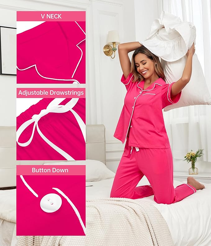 CF Womens 100% Cotton Pajamas Set Button Down Pjs Sets Short Sleeve Top & Long Pants Sleepwear Comfy Loungewear with Pockets
