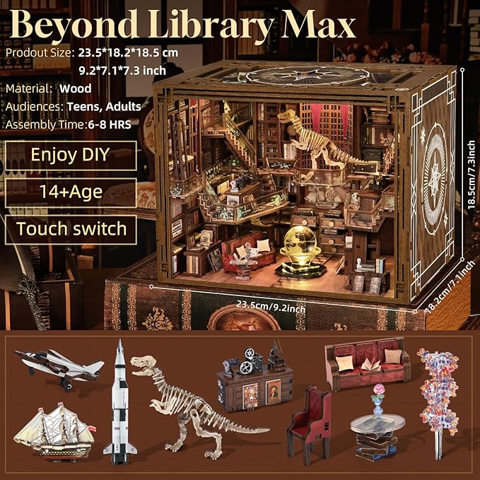 Book Nook Kit, DIY Miniature Dollhouse Booknook Kit with Led Light and Dust Cover (Beyond Library Max)