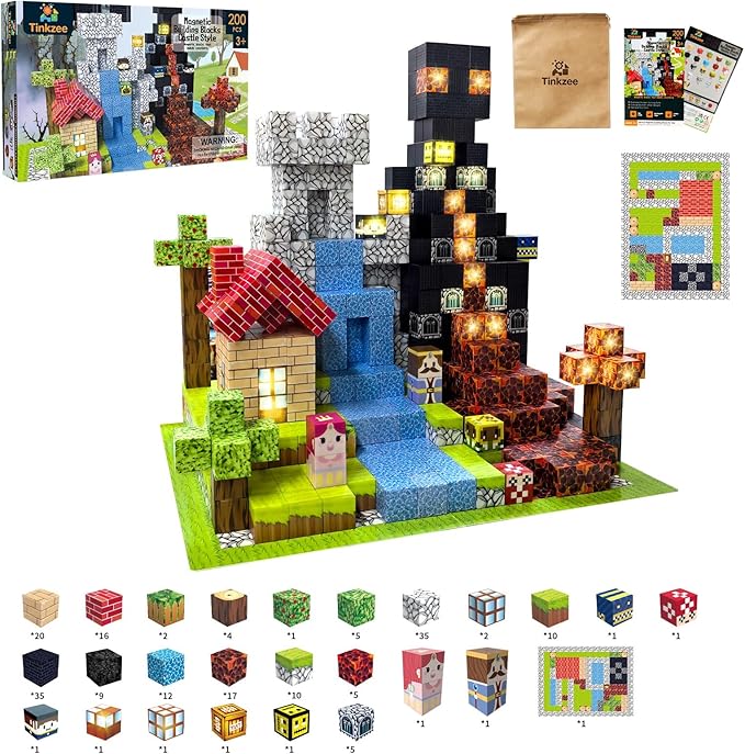 200 PCS Magnetic Building Blocks with 15 LED Light-Up Blocks (Replaceable Battery)&Foldable Magnetic Board,STEM Educational Magnet Cube Set,Creative Construction Toy Gift for Kids (Boys&Girls Ages 3+)