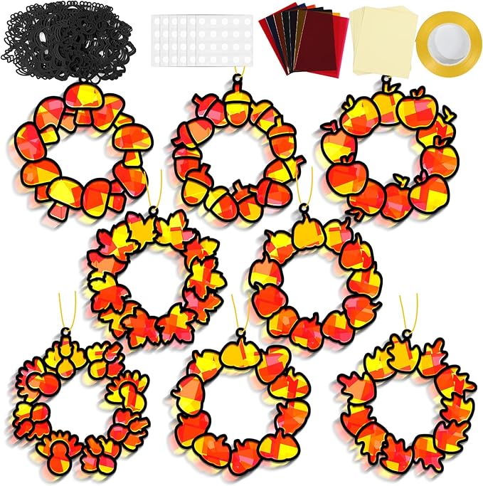 32 Sets Fall Thanksgiving Wreath Suncatchers Craft Kit DIY Window Stained Glass Effect autumn Wreath Paper Crafts Home School Classroom Decoration Kid Birthday Gift Creative Art Project Activity Game