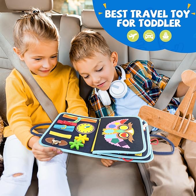 Toddler Busy Board, Montessori Sensory Toys for Boys, 1-4 Year Old Girl Toddler Travel Toys, Educational Learning Activities Board for Motor Skills, Birthday Gifts for Airplane Car, Blue Dinosaur