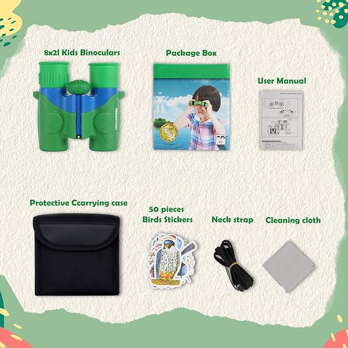 Binoculars for Kids,Compact and Portable 8x21 Kids Binoculars with Shoulder Strap, Storage Bag, 50 Birds Cartoon Stickers,Gift for 2-8 Years Boys and Girls,Suitable for Birdwatching, Camping