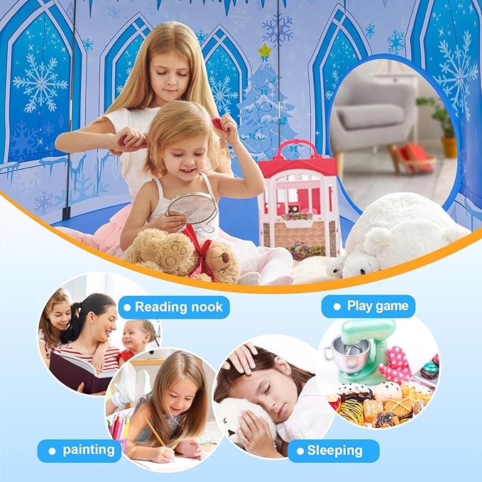 3 in 1 Girls Frozen Play Tent for Kids: Pop Up Baby Playhouse with Toddlers Crawl Tunnel, Ball Pit and Princess Castle Tent - Children Play Tent Frozen Toys Indoor and Outdoor Game for Birthday Gift
