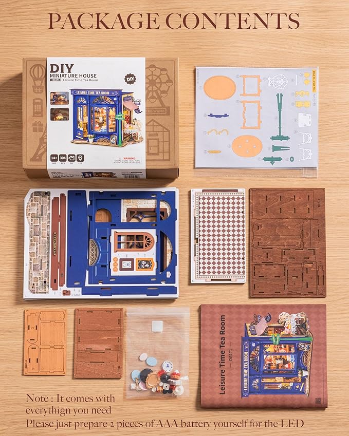 ROBOTIME DIY Miniature House Kit, Bakery Diorama House, Tiny House Kit for Adults, Mini Dollhouse Kit with Furniture Birthday Christmas Craft Hobbies Gift for Family/Friends (Leisure Time Tea Room)