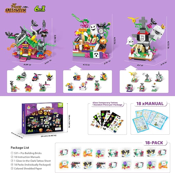 Halloween Building Set for Kids – 6-in-1 Haunted House, Spooky Witch Workshop & Haunted Graveyard with Glow Tattoos, Trick-or-Treat Toys, Pretend Play, Party Favors & Home Decor for Girls & Boys 6+