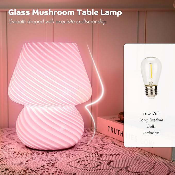 Battery Operated Mushroom Lamp-Cute Small Pink Aesthetic Table Lamp with Timer,Cordless Bedside Lamp for Girl Gifts,Glass Decorative Lamp for Bedroom/Entryway/Shelf/Desk Decor/Dorm/Office