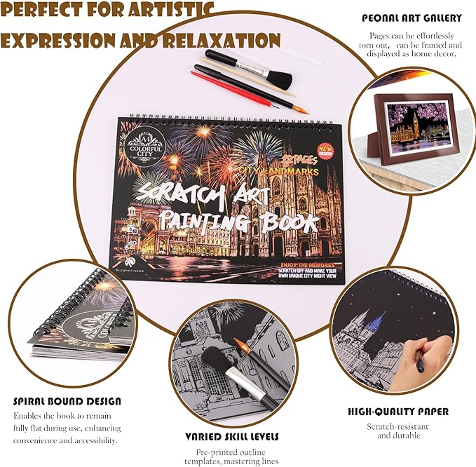 Scratch Art Book for Adults - 12PCS Scratch Painting Foil Art for Adults Scratch City Series Books Foil Engraving Scratch Art Adult Set with 6 Tools