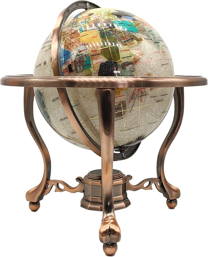 Limited Edition! Unique Art Since 1996 Pearl Swirl Table Top Gemstone World Globe with Tripod Vintage Copper Zinc Alloy Stand (220MM/9 INCHES/PEARL OCEAN/COPPER)