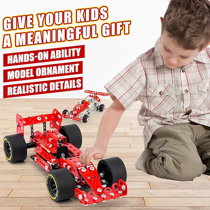 Car Building Kits for Boys 8-12,Building Cars Metal Erector Set,Racing Car Building Kits for Boys 12-15,Assembly Red Vehicle Model for Kids Kids 8+ Years Old（260Pieces）