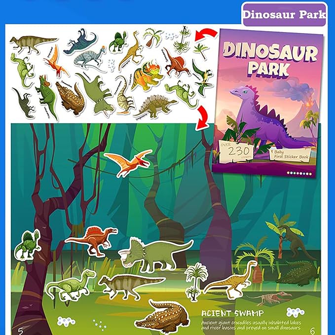 Sticker Book for Kids, 230+ Dinosaur & 330+ Animal Farm Stickers & 16 Scenes, Reusable Activity Sheet, Seek Find Sticker Coloring Pad, for Boys Girls Toddlers Ages 2-4 4-8 Years Old 3-5 6-7