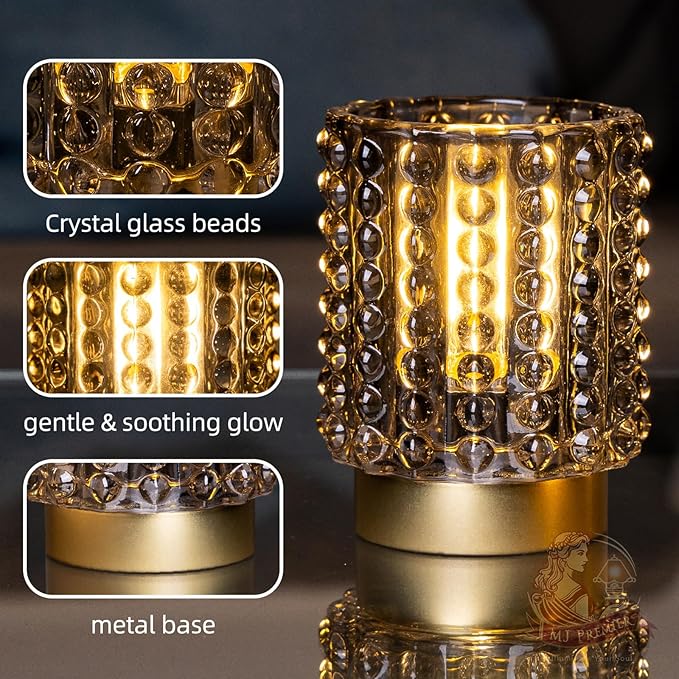 Battery Operated Lamp with Timer, Mini Crystal Table Lamps for Home Decor, Small Cordless Lamp for Areas No Outlets, Glass Battery Powered Lamps for Entryway, Bedroom, Bathroom, Shelf, Corner(Gray)
