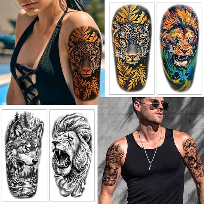 77 Sheets Temporary Tattoos for Adults and Kids - 2 Sizes Fake Tattoo Realistic Lion, Tiger, Wolf, Eagle Owl Forest Animal Designs- Long Lasting Body Tattoo for Halloween, Parties