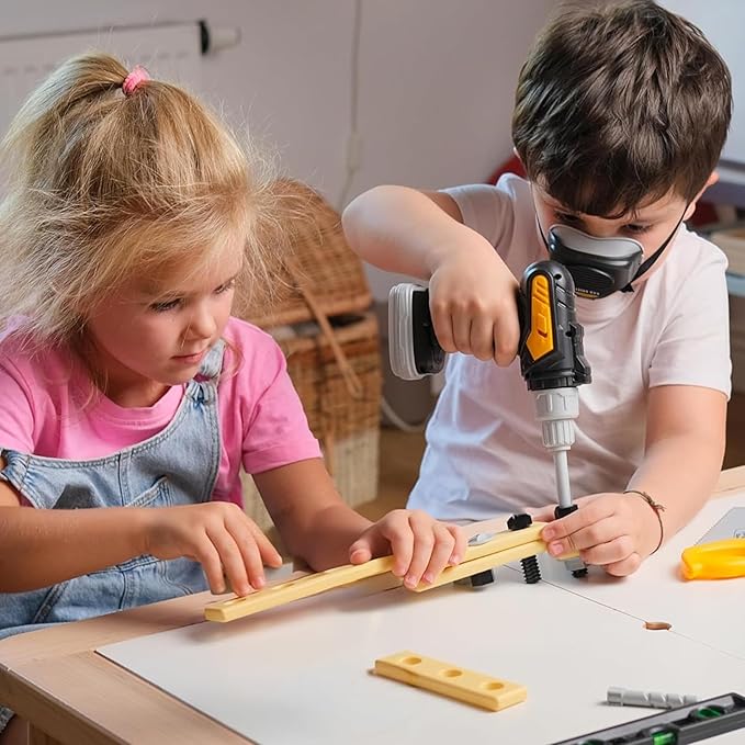 Kids Tool Set with Carrying Case, Electronic Toy Drill with Bits & Construction Vest – Pretend Play Kit with Safety Googles, Gas Shield, Tape Measure, Saw, Bubble Level, Screwdriver, Nuts & Bolts