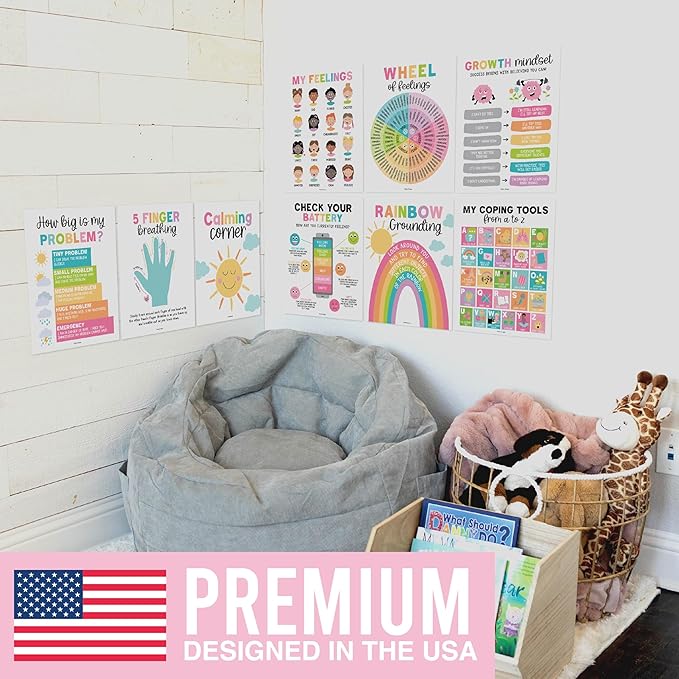 Hadley Designs 9 Calming Corner Posters For Classroom Must Haves For Teachers - 11x14 Calm Down Corner Supplies, Feelings Chart For Kids Ages 4-8, Feelings Wheel Poster, Pastel Classroom Decor