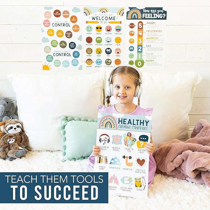 Hadley Designs Feelings Chart For Kids Ages 4-8 - Emotions Chart For Toddlers 3-5, Counseling Feelings Posters For Classroom Calming Corner, Social Emotional Learning Posters, Boho Classroom Decor