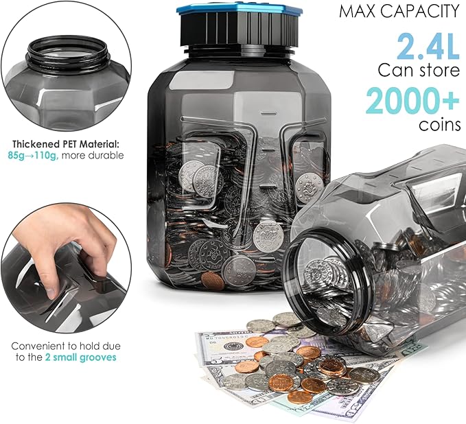 X-Large Piggy Bank for Adults Kids, Vcertcpl Digital Coin Counting Bank with LCD Counter, 2.4L Capacity, Great Coin Counter Bank Money Counting Jar with Total Amount Displayed (Gray2, X-Large)