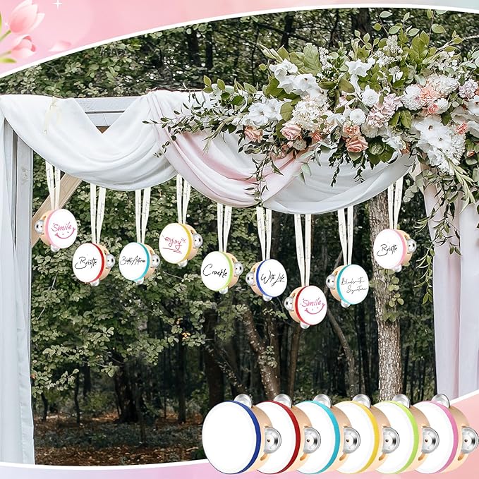 24 Set 4 Inch Tambourine for Adults Wooden Hand Held Drum with Metal Jingles, Gift Tags, White I Love You Printed Ribbon Percussion Gift Musical Instrument for Church Wedding Party(Colorful)