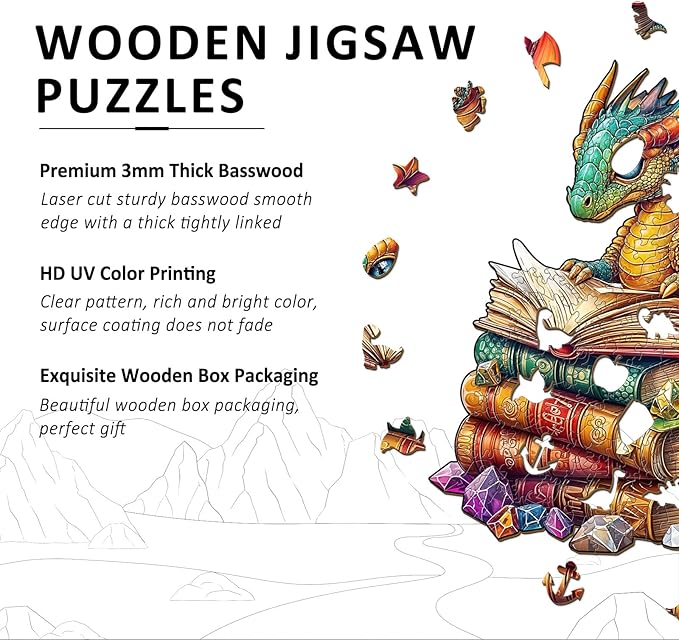 Wooden Puzzles for Adults - Reading Dragon Wood Puzzles Adult - Unique Animal Shape Wooden Jigsaw Puzzles for Adults - Birthday Gifts for Puzzle Lovers, Family (13.3 * 13.3in)