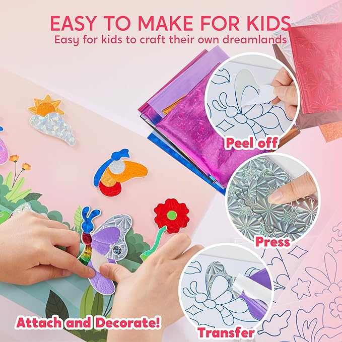 Klever Kits Foil Art Kit for Kids - Arts & Crafts Supplies, Mess Free Coloring, Flowers & Butterflies Foil Foam Stickers, Creative Travel Toys, Birthday Gifts for Boys & Girls Ages 4 and Up