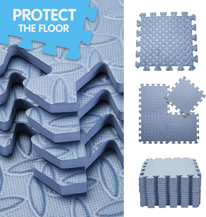 Coolcandy EVA Foam Play Mat, 16 Tiles Colorful Baby Play Mat, Square Kids Playmat with Solid Colored, 0.4" Thickened Interlocking Foam Floor Tiles, Puzzle Play Mat for Baby Lying, Playing (Gray Blue)