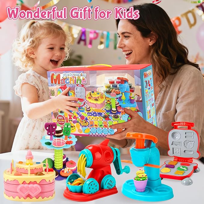 99 PCS 5 in 1 Dough Sets for Kids Ages 3-4-8, Art Crafts Dough Tools Kit, Ice Cream Playset Noodle Hamburger Cake Maker Machine, Dessert Rack, Kitchen Creations Food Play Toys Toddlers Boys Girls