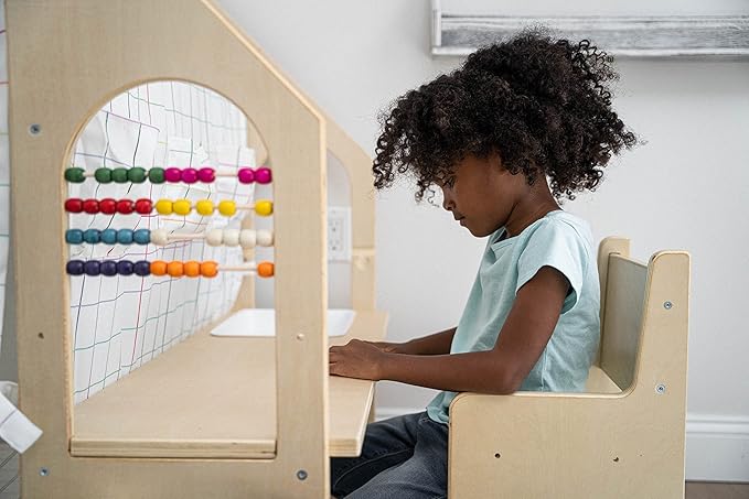 Avenlur Flair - 5 in 1 Indoor Playhouse with Desk Table, Chair, Chalkboard, Floor Cushion and Curtain Shades - Montessori and Waldorf Style for Ages 1 to 8 Years Old - (Large, Colorful Balloons)