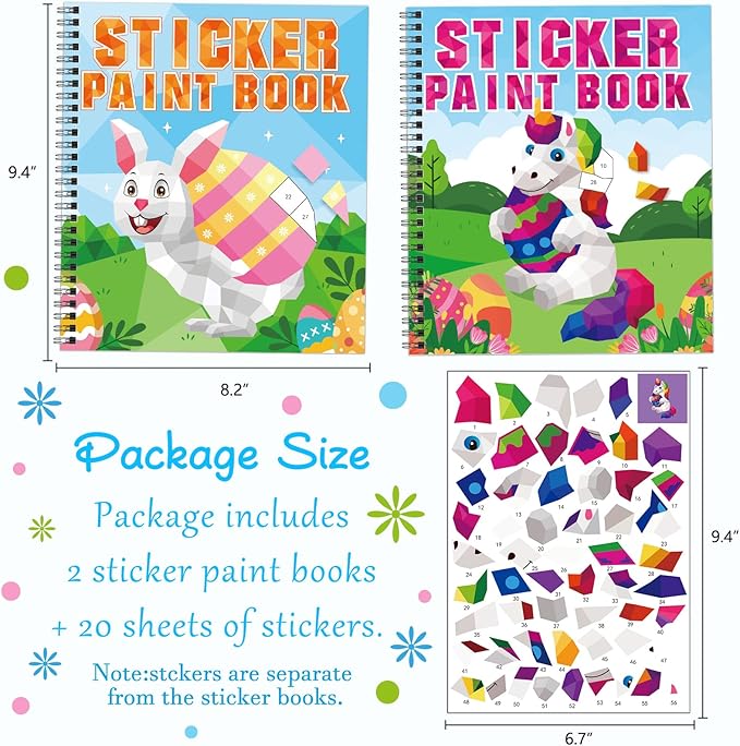 2PCS Easter Day Crafts for Kids Ages 4-8 Sticker Paint Books Gift Party Create 20 Pictures（Sticker Sheets are Separate）